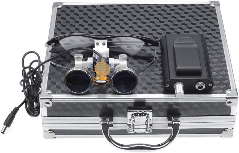 EustomA 2.5X Binocular Loupes Optical Glass Magnifier with 3W LED Waist Hanging Light Clip on Lamp DY-004 with Optical Filter Storage Box (Blue) - Image 1